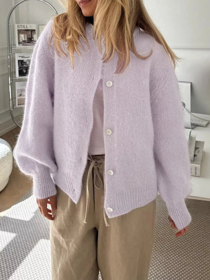 Button-Front Round Neck Cardigan