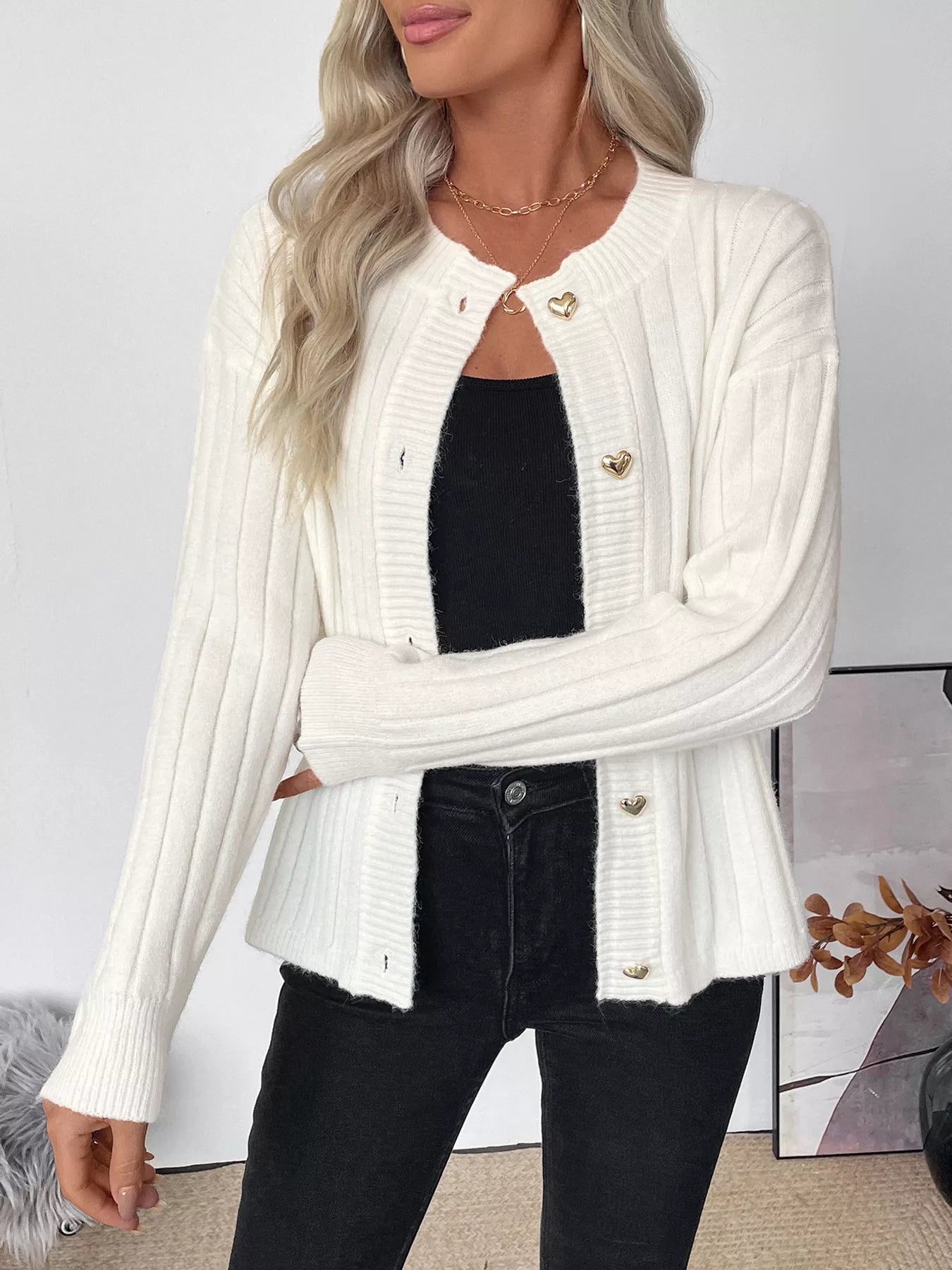 Ribbed Button Up Long Sleeve Cardigan Beige