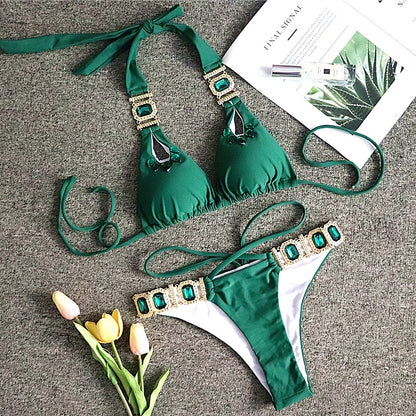 Bikini Sexy Crystal Diamond Bandage Solid Color Split Women Swimsuit Green