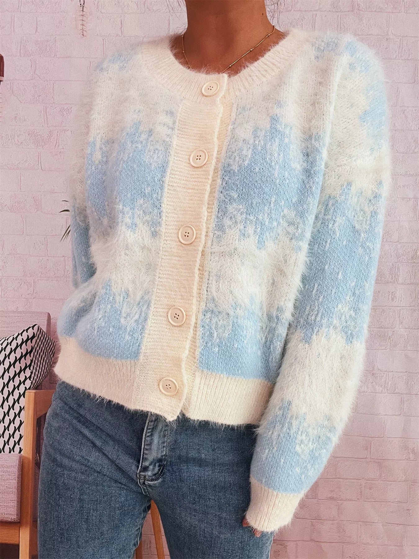 Ribbed Hem Button Up Cardigan Blue One Size