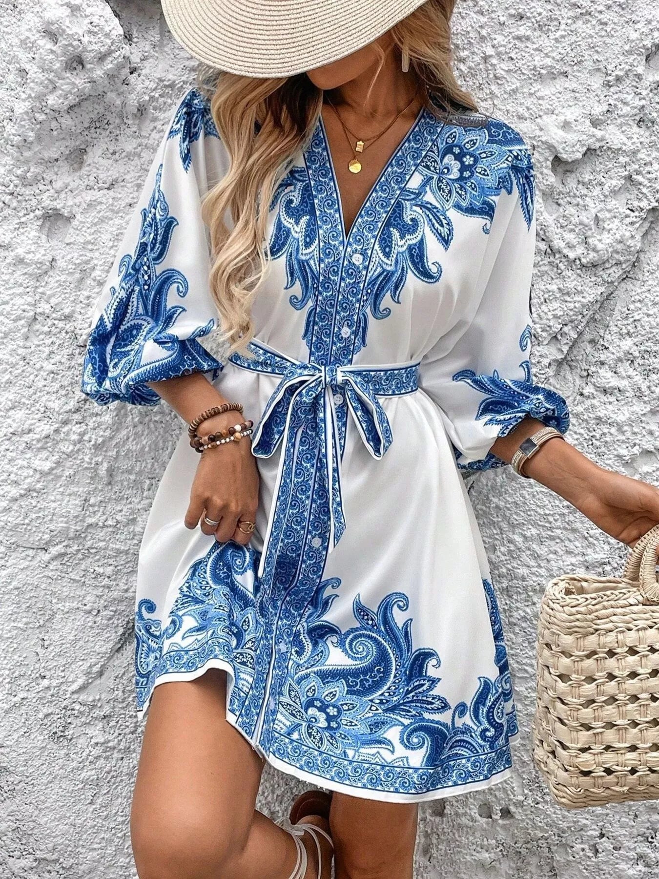 Printed Balloon Sleeve Mini Dress