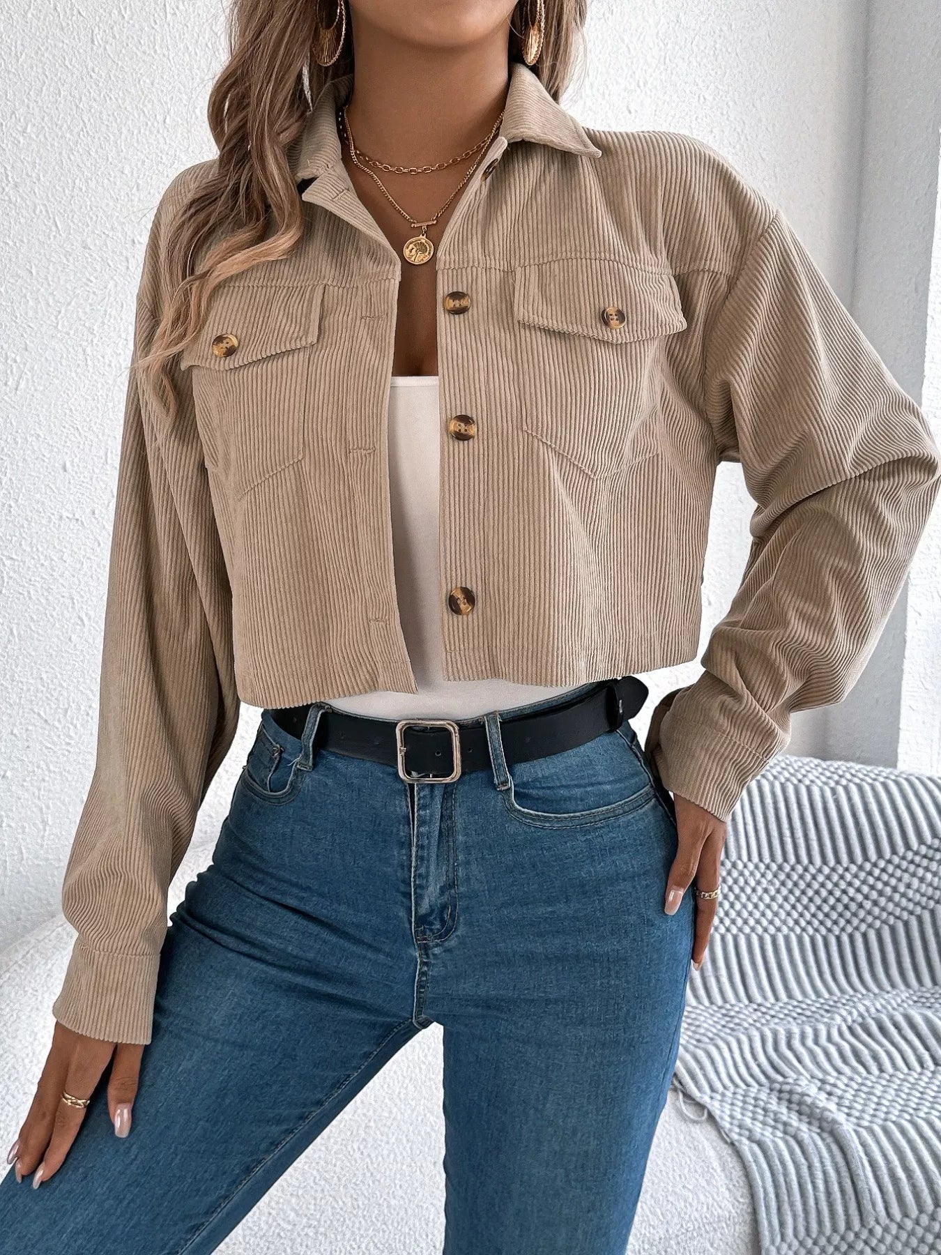 Corduroy Button-Up Dropped Shoulder Jacket