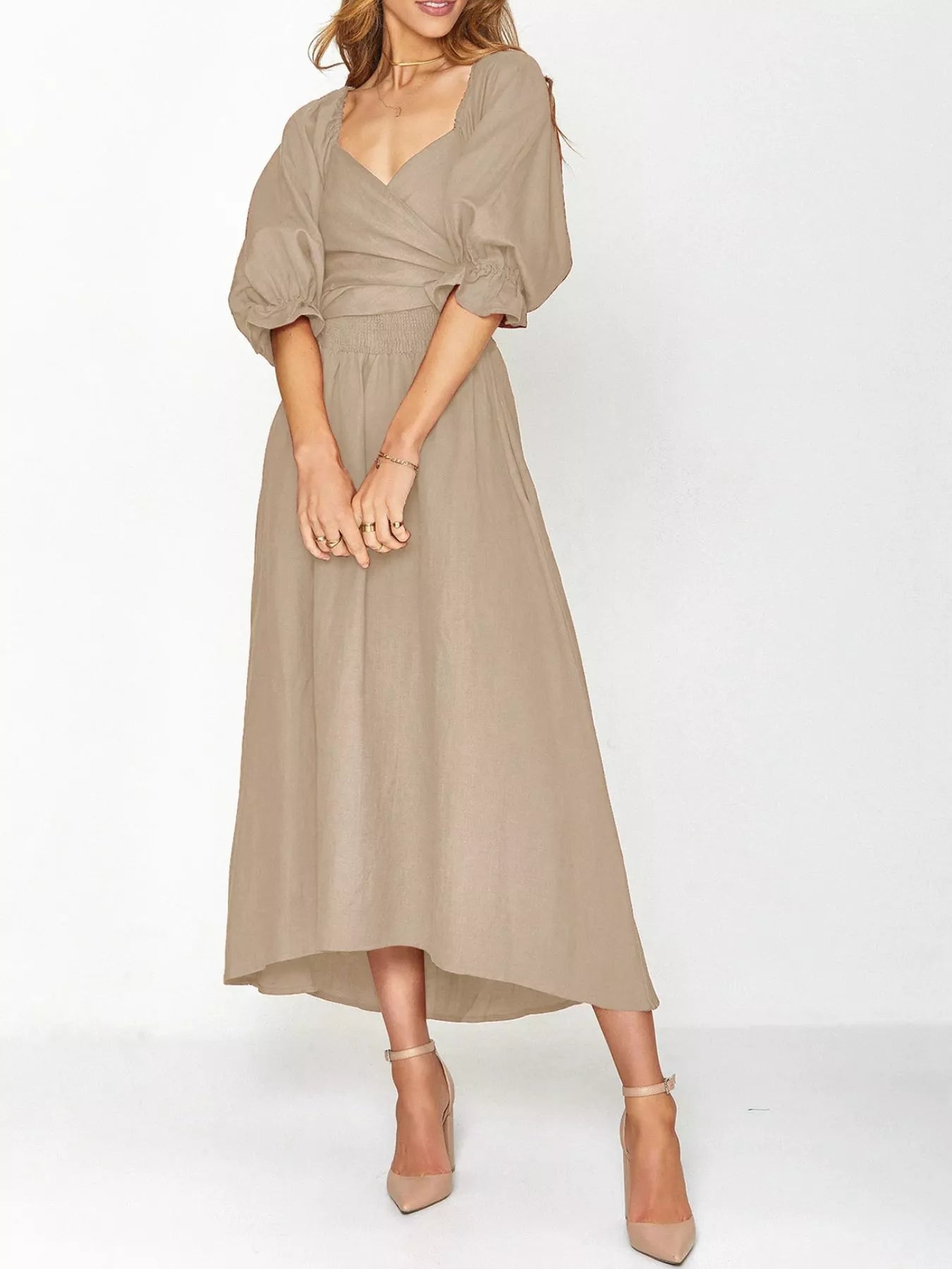 Smocked Puff Sleeves Midi Dress