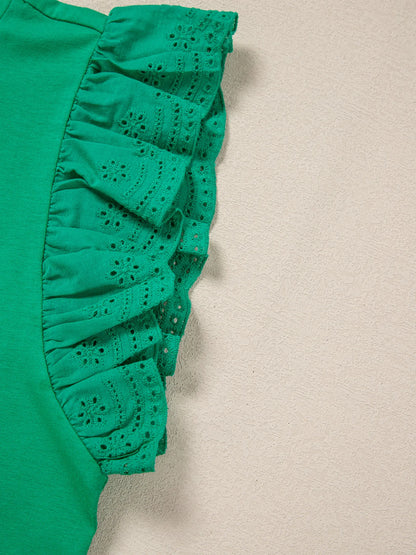 Ruffled Sleeve Slim Fit Crew Neck Top