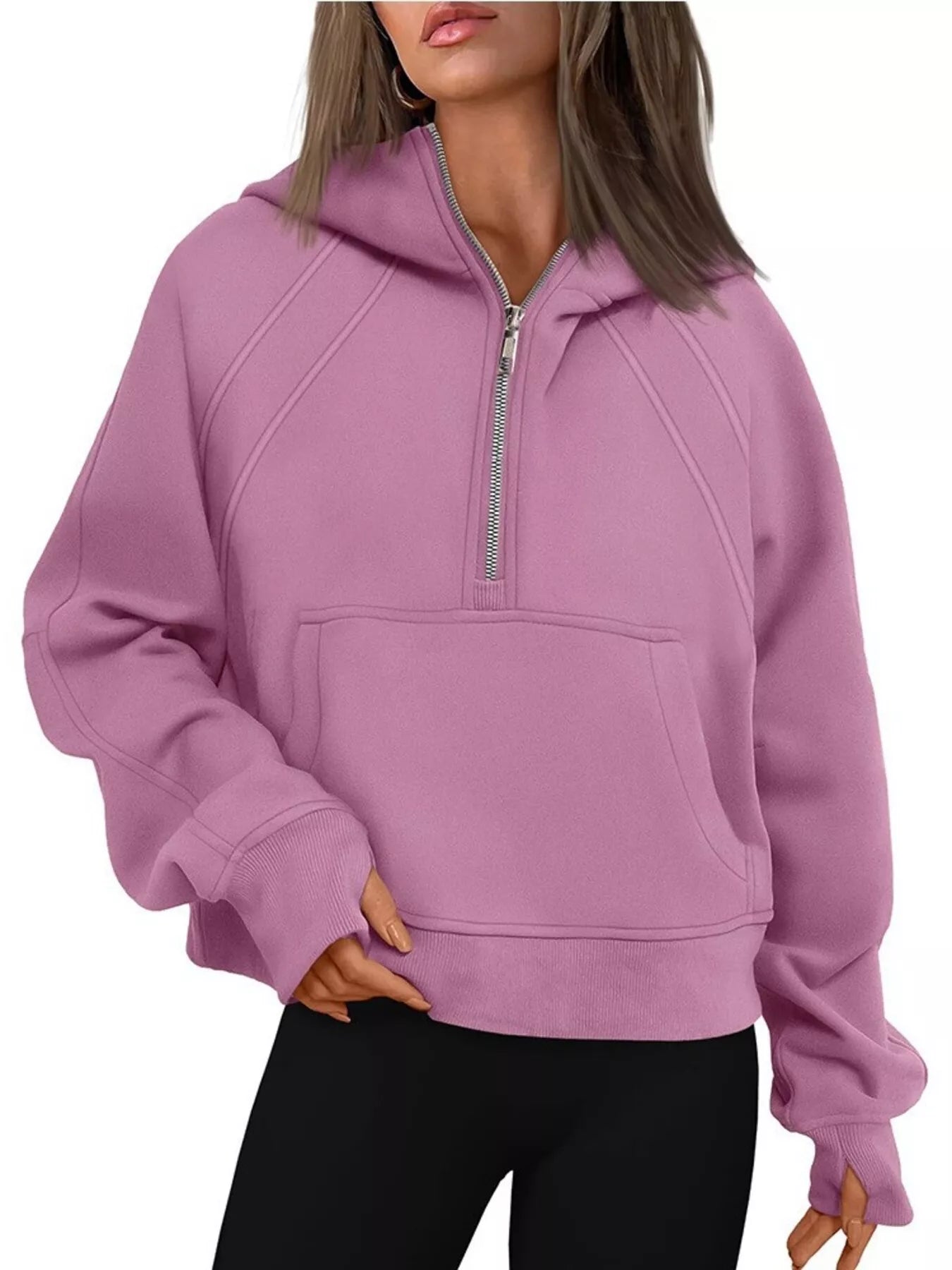 Half Zip Raglan Sleeve Hoodie Pink