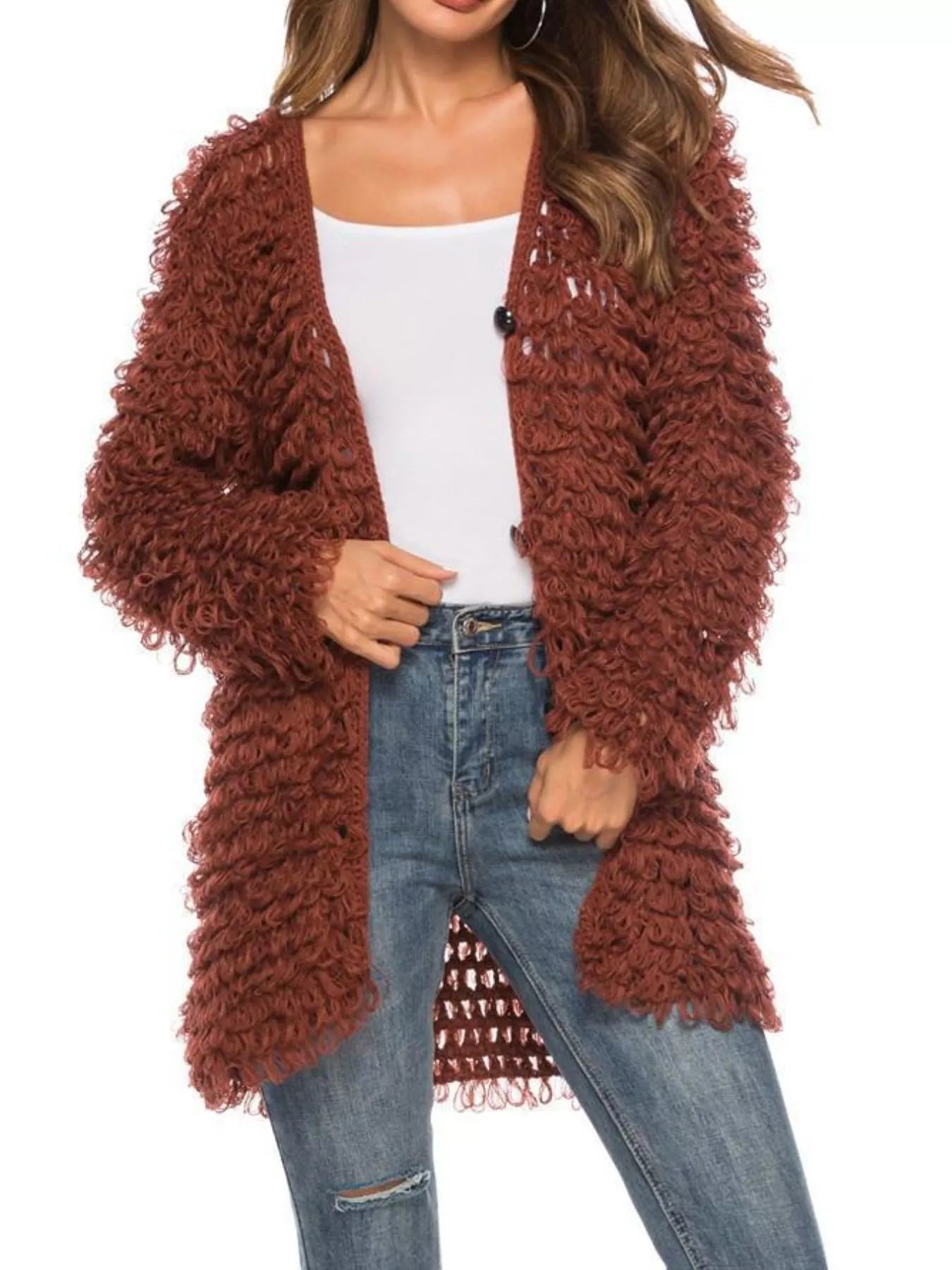 Textured Knit Button Up Cardigan Brown One Size