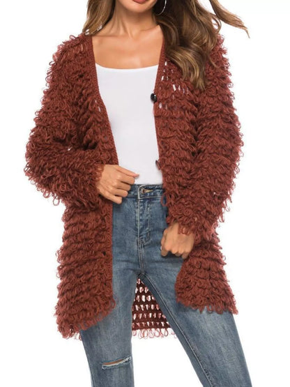 Textured Knit Button Up Cardigan Brown One Size