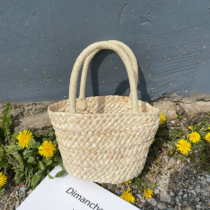 Fresh Straw Bag Portable Cute Woven Bag Small Clutch Korean Small Basket Women Bag One Size Corn Husk Small Basket without Lining