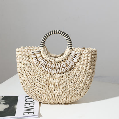 Retro Straw Bag Portable Semicircle Shell Handmade Straw Bag Woven Bag Women Seaside Vacation Beach Bag One Size Ivory