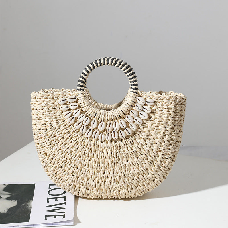 Retro Straw Bag Portable Semicircle Shell Handmade Straw Bag Woven Bag Women Seaside Vacation Beach Bag One Size Ivory