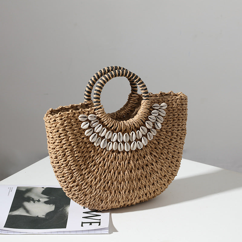Retro Straw Bag Portable Semicircle Shell Handmade Straw Bag Woven Bag Women Seaside Vacation Beach Bag One Size Brown