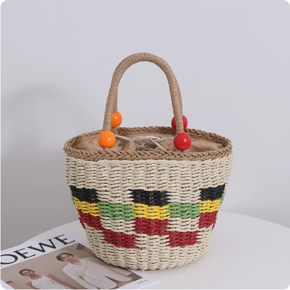 Cute Wooden Bead Portable Straw Weaved Bag Fresh Color Plaid Hand Carrying Woven Bag Fruit Picnic Basket Beach Bag One Size Portable Colorful Beads