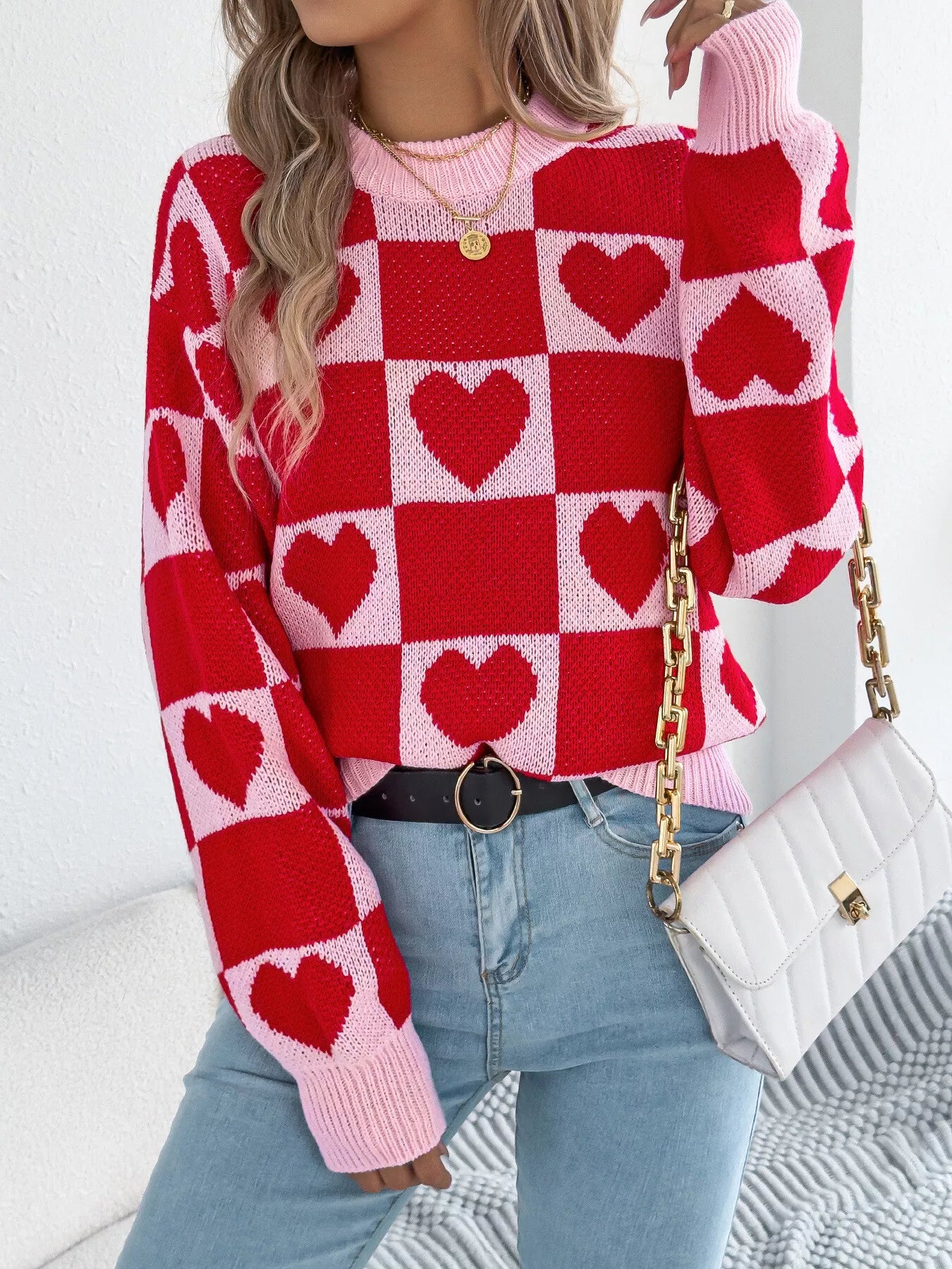 Heart Checkerboard Pattern Round Neck Sweater