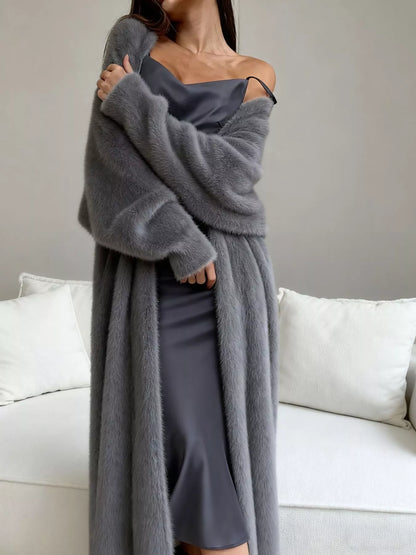 Fuzzy Open Front Longline Cardigan Gray