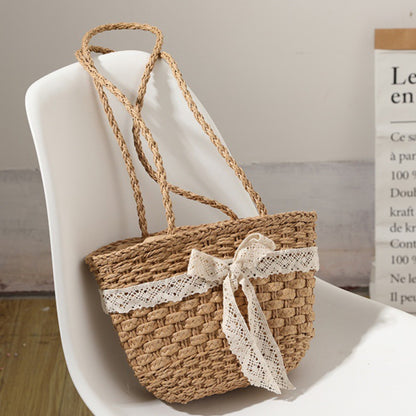 Straw Bag Lace Bow Woven Bag Fairy Seaside Vacation Beach Bag Women Bag One Size Coffee