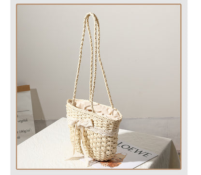 Straw Bag Lace Bow Woven Bag Fairy Seaside Vacation Beach Bag Women Bag One Size Cream
