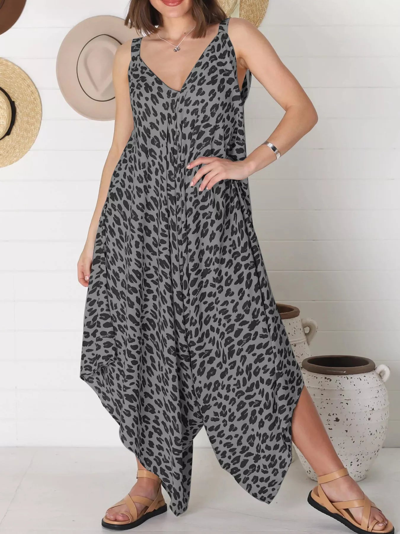 Full Size Leopard Print V-Neck Wide Leg Jumpsuit Plus Size Gray