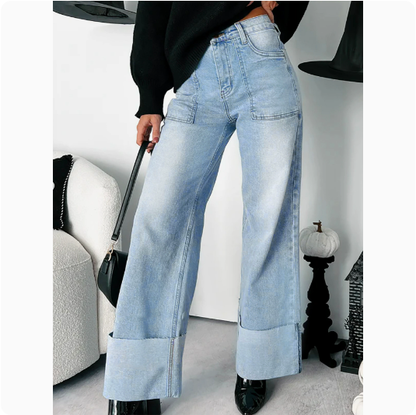 Ladies Retro High Waist Foot Folding Heavy Industry Wash Straight Micro Elastic Denim Trousers Azure