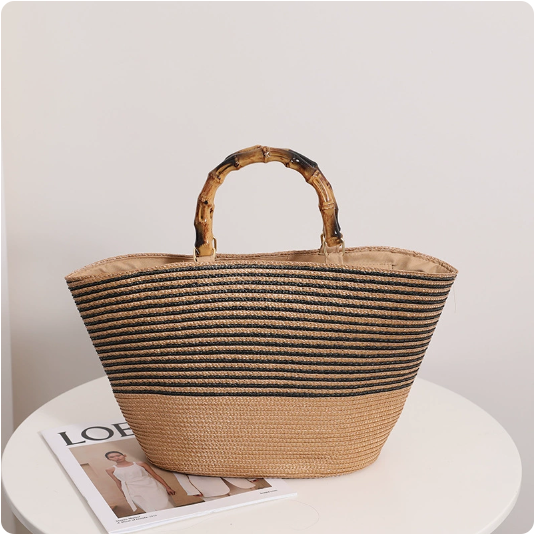 Bamboo Joint Straw Bag Large Capacity Striped Women Bag Woven Tote Hand Carrying Vegetable Basket Bag One Size Bamboo Handle Pinstripe