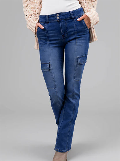 Ladies Double Buckle Waist Stitching Multi Pocket Side Sticker Bag Overalls Denim Stretch Trousers Blue