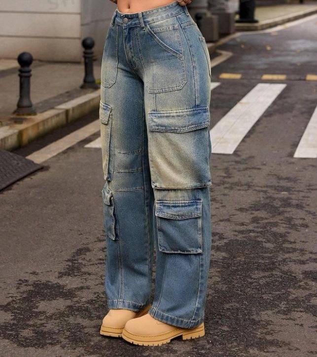 Heavy Industry Retro Nostalgic Washed Street Cargo Hip Hop Multi Pocket Cargo Pants Straight Jeans