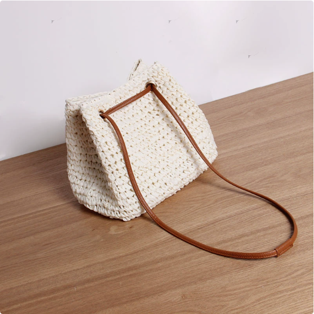 Simple Straw Bag One Shoulder Crossbody Straw Bag Woven Bag Women Seaside Vacation Beach Bag One Size White