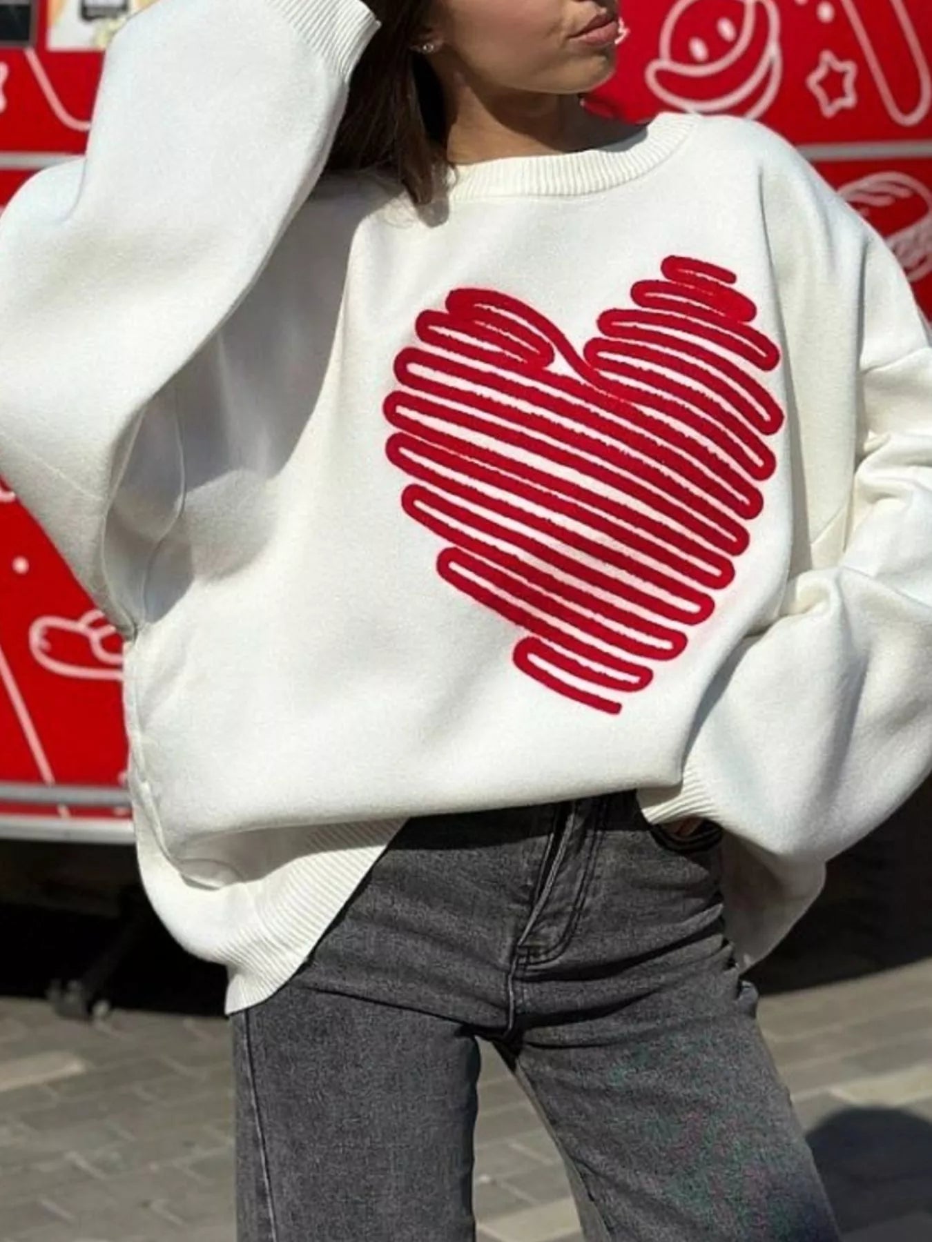Heart Round Neck Oversized Sweater