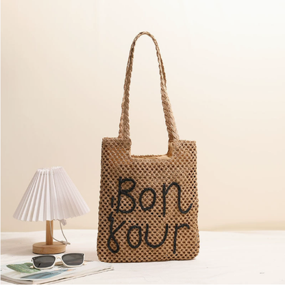 Letter Graphic Embroidery One Shoulder Straw Bag Hollow Out Cutout out Straw Bag Woven Bag Vacation Beach Bag Women Bag
