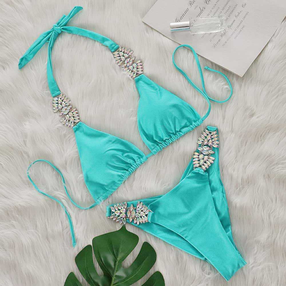 Swimsuit Sexy Solid Color Metal Diamond Bikini Bandage Split Swimsuit Blue