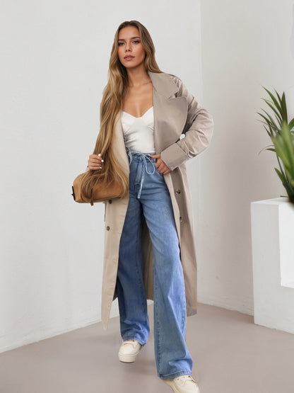 Ladies Elastic Waist Loose Design Lace up Wide Leg Denim Straight Leg Trousers