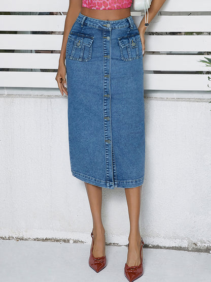 Multi Breasted Mid Length Hip Skirt Women Stretch Denim Pencil Skirt Blue
