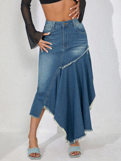 Stitching Irregular Asymmetric Women Asymmetric Hem Large Denim A Line Skirt Blue