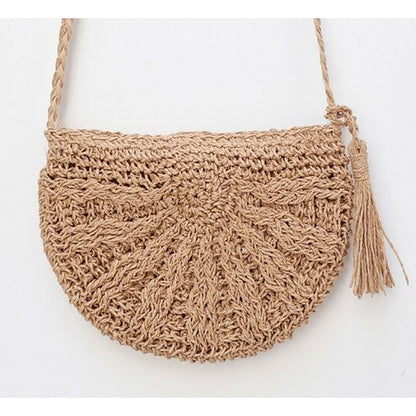 Crossbody Bag Women Handmade Straw Bag Shoulder Tassel Crochet Woven Bag Vacation Beach Bag One Size Brown