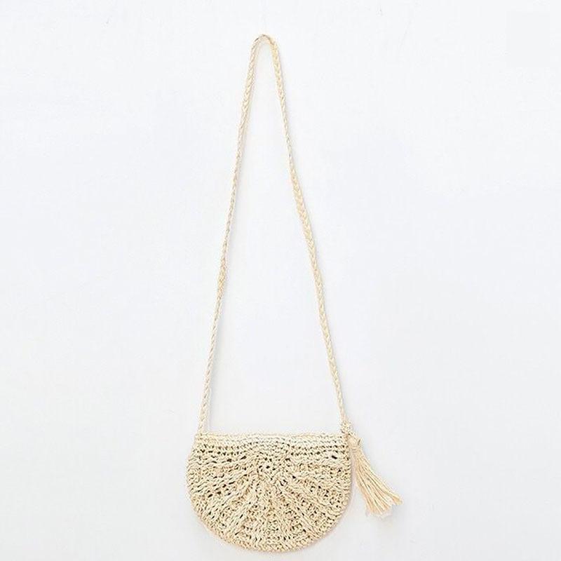 Crossbody Bag Women Handmade Straw Bag Shoulder Tassel Crochet Woven Bag Vacation Beach Bag One Size Beige