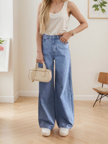 Nostalgic Light Color Stretch High Waist Loose Retro Wide Leg Denim Trousers