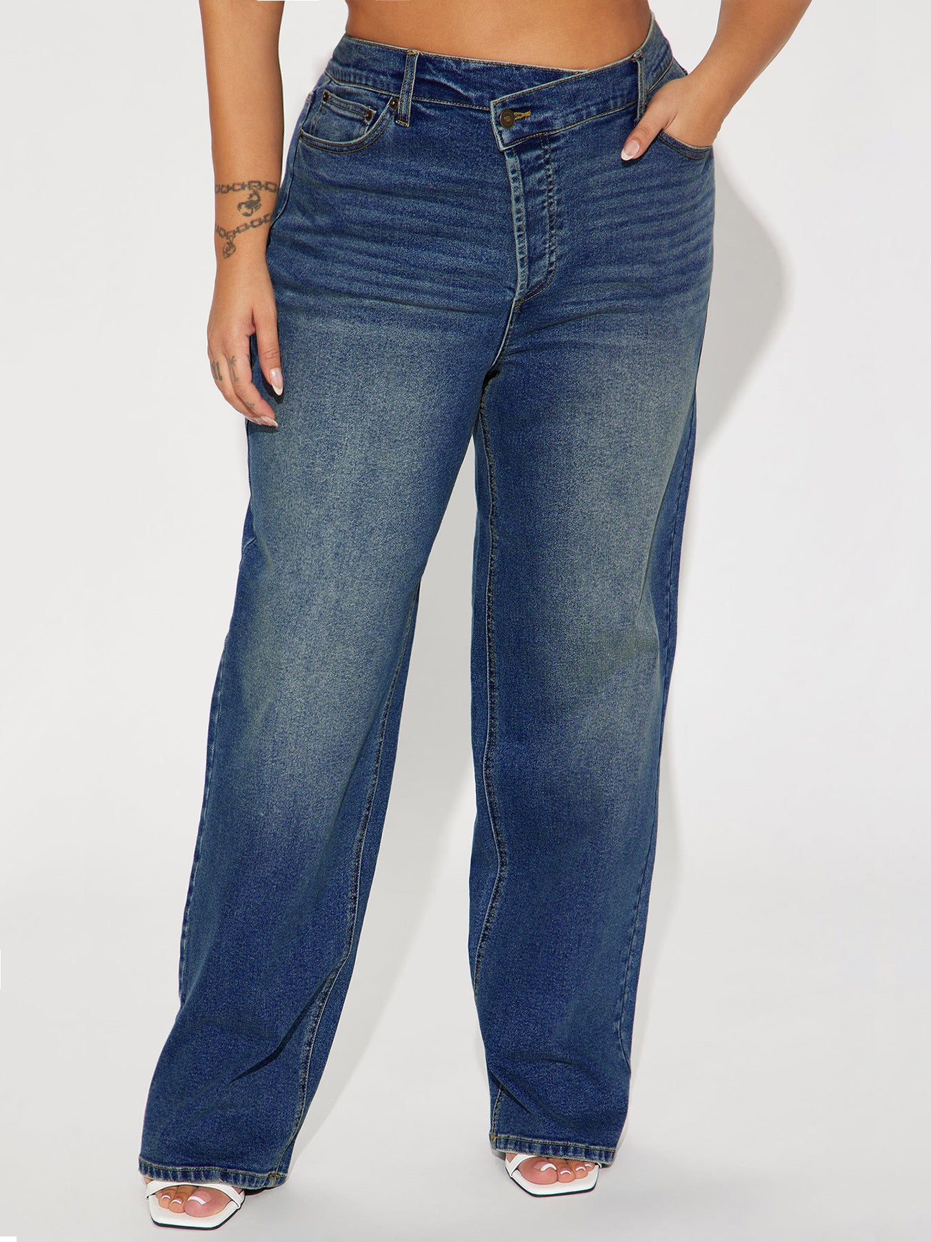 Women Clothing Oblique High Waist Pencil Pants Crossover Straight Leg Stretch Denim Straight Navy Blue