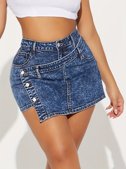 Ladies Asymmetric Front Strap High Elastic Snowflake Craft Denim Shorts Multi Button Decoration Blue