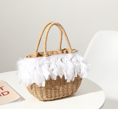 Straw Bag Women Fairy Feather Model Straw Bag Woven Bag Handbag Travel Bag Vacation Beach Bag One Size White2