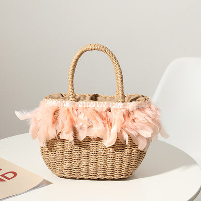 Straw Bag Women Fairy Feather Model Straw Bag Woven Bag Handbag Travel Bag Vacation Beach Bag One Size Pink2