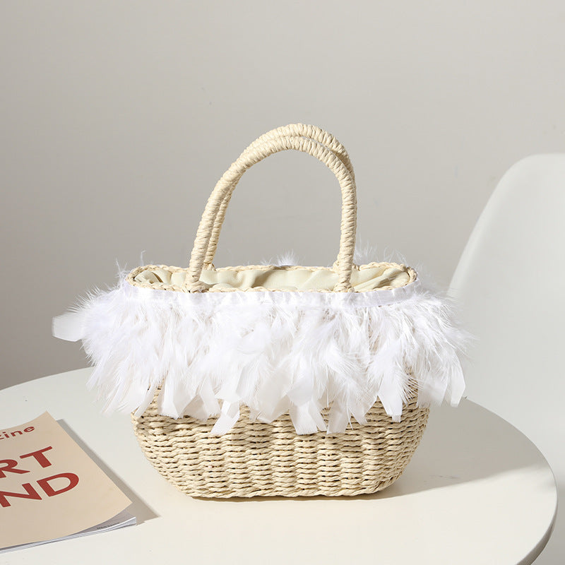 Straw Bag Women Fairy Feather Model Straw Bag Woven Bag Handbag Travel Bag Vacation Beach Bag One Size White1