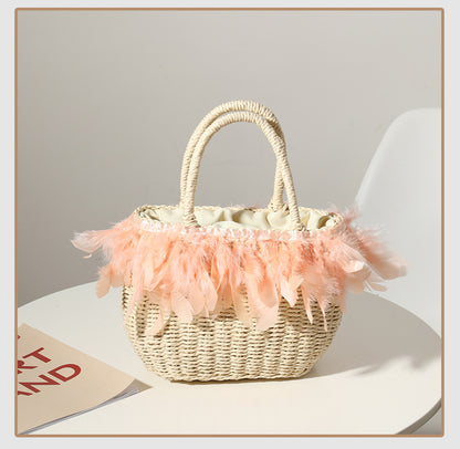 Straw Bag Women Fairy Feather Model Straw Bag Woven Bag Handbag Travel Bag Vacation Beach Bag One Size Pink1
