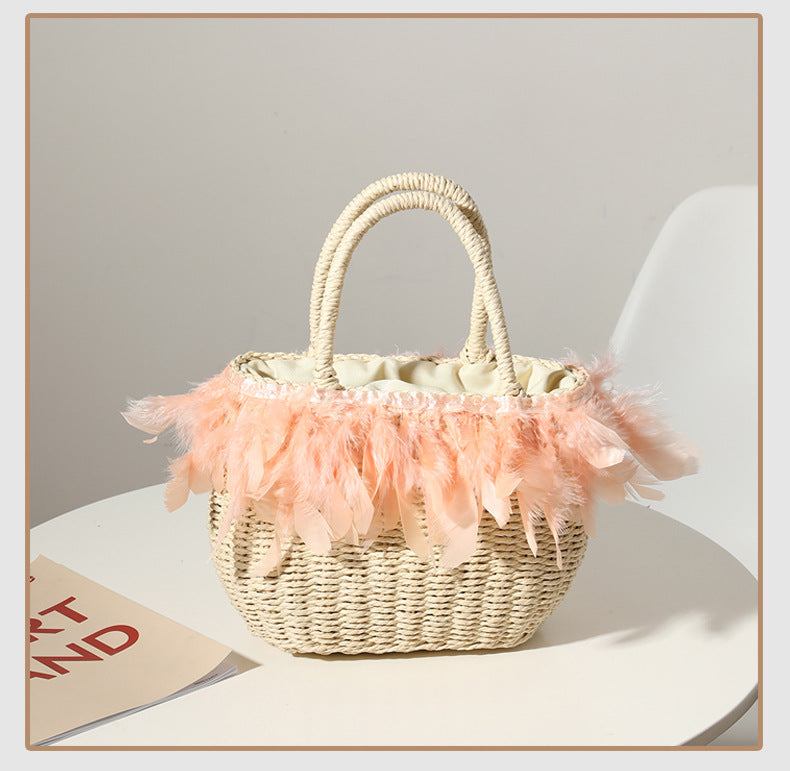 Straw Bag Women Fairy Feather Model Straw Bag Woven Bag Handbag Travel Bag Vacation Beach Bag One Size Pink1
