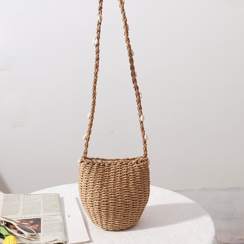 Cute Straw Bag Women Single Shoulder Crossbody Shell Straw Bag Woven Bag All Match Seaside Vacation Beach Bag One Size Brown