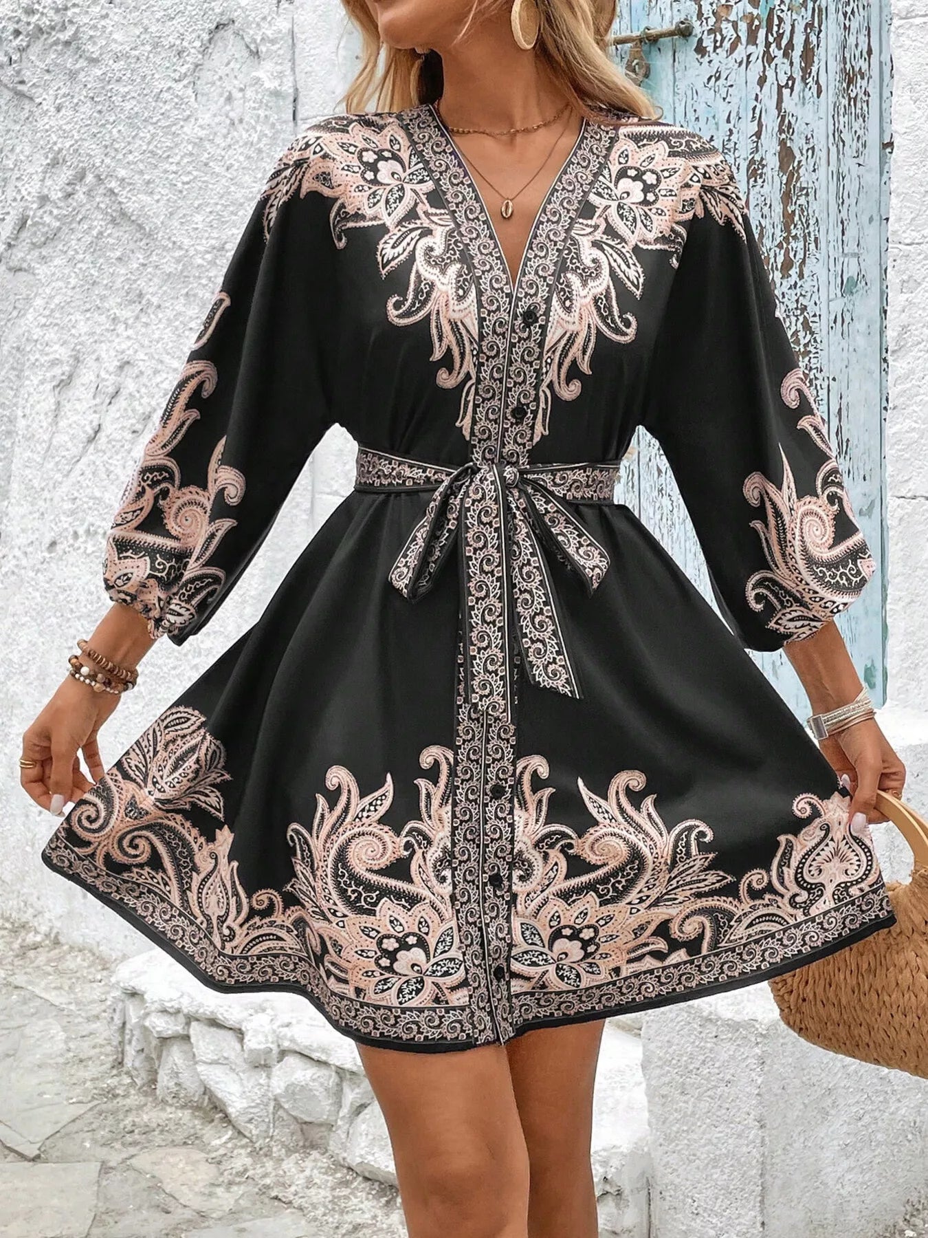 Printed Balloon Sleeve Mini Dress