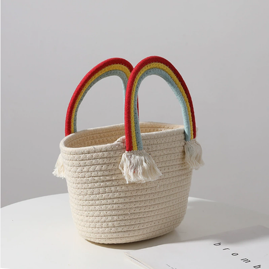 Cute Rainbow Clouds Handbag Handmade Cotton Thread Woven Bag Seaside Vacation Beach Bag Straw Bag One Size Rainbow Portable