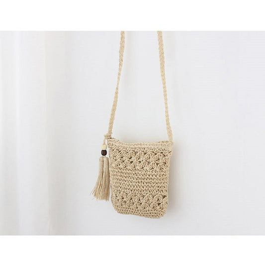 Wooden Bead Tassel Straw Bag Hollow Out Cutout Floral Crossbody Bag Tassel Straw Bag Woven Bag Holiday Beach Bag One Size Double Layer Flower Beige