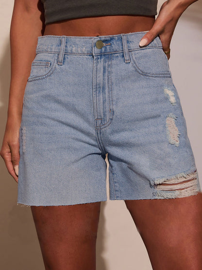 Women Denim Shorts with Ladies Holes Micro Elastic Holes Light Blue