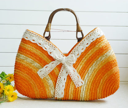 Color Straw Machine Order Handmade Straw Bag Wild Beach Woven Bag One Size Orange
