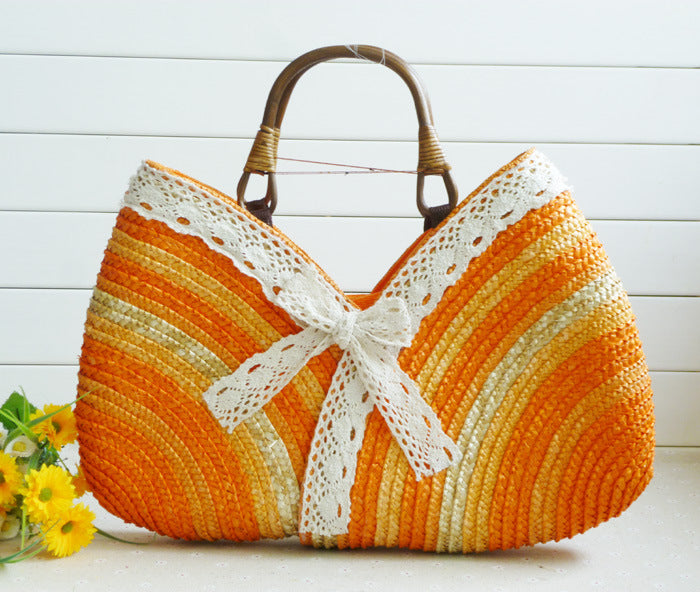 Color Straw Machine Order Handmade Straw Bag Wild Beach Woven Bag One Size Orange