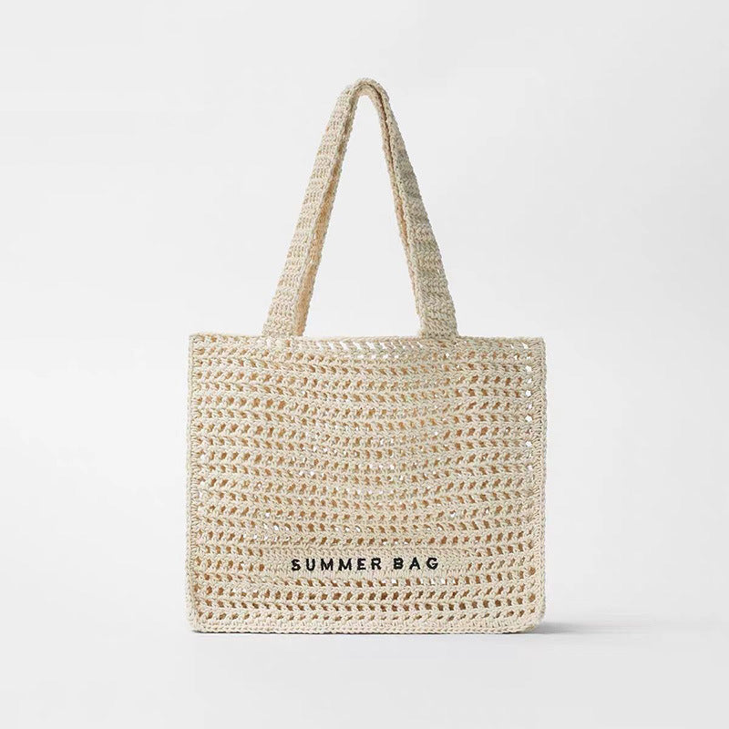 Summer Fairy Hollow Out Cutout out Straw Bag Niche One Shoulder Portable Letter Graphic Woven Bag Women Seaside Vacation Beach Bag One Size Cream